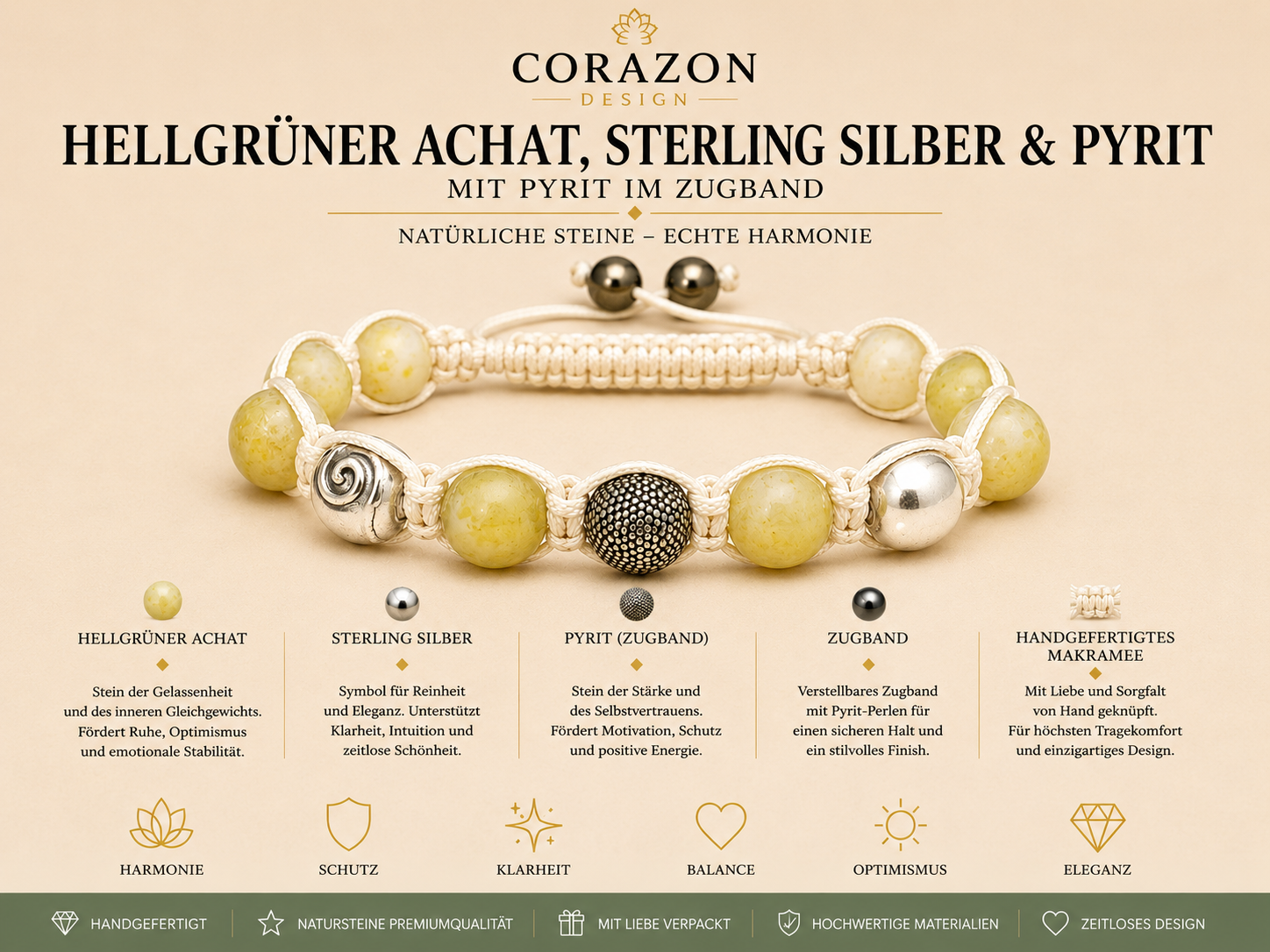 Shamballa Armband Achat, 925 Sterling Silber & Pyrit | CORAZON Design