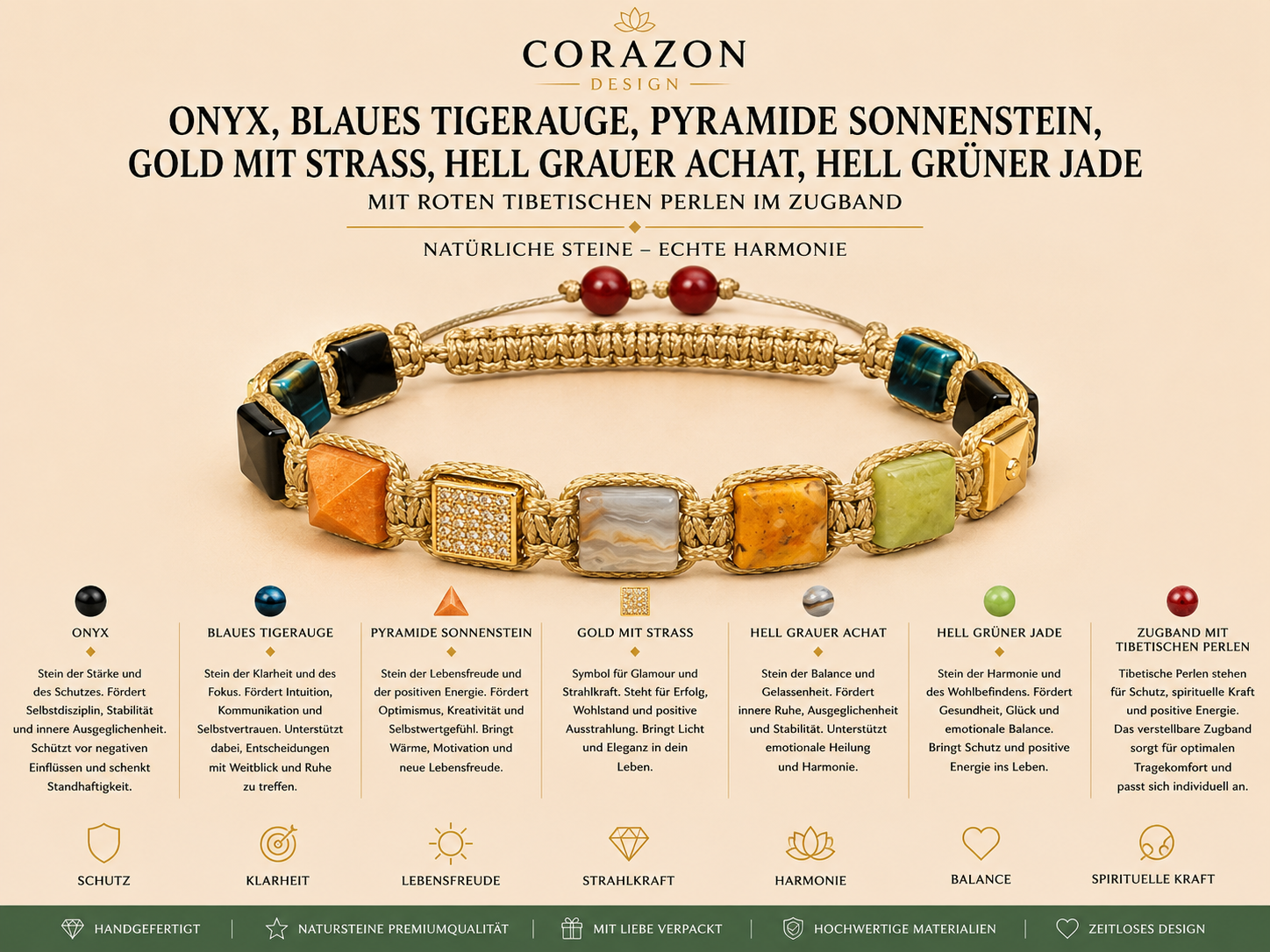 Shamballa Armband mit Onyx, Tigerauge, Sonnenstein, Achat & Jade | CORAZON Design