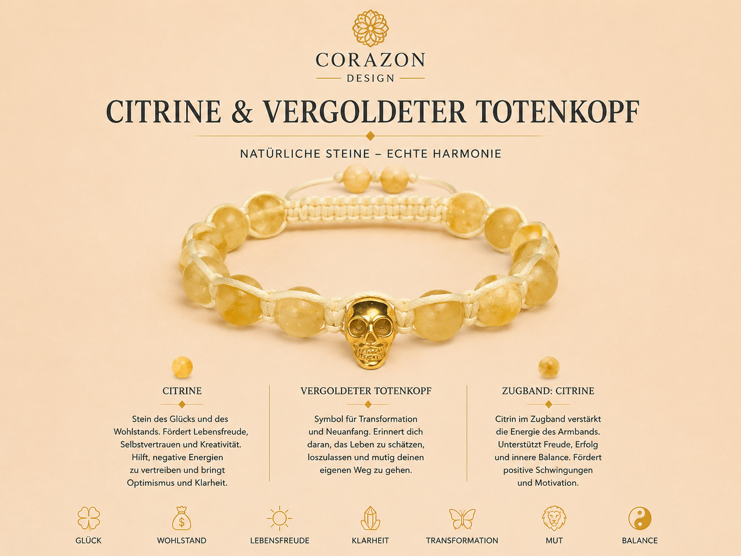 Shamballa Armband Citrin mit vergoldetem Totenkopf | CORAZON Design