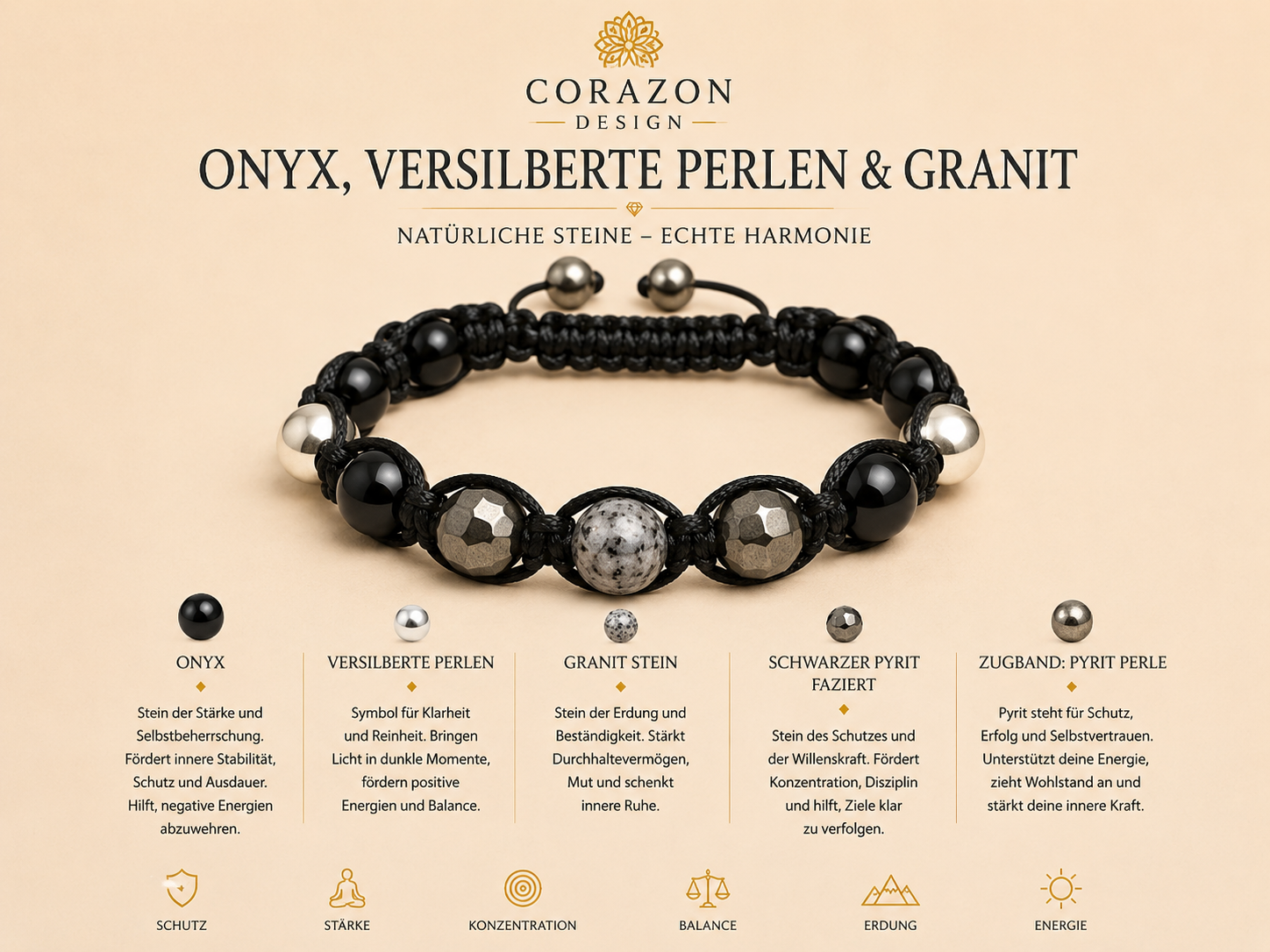 Shamballa Armband Onyx, Granit & Pyrit | CORAZON Design