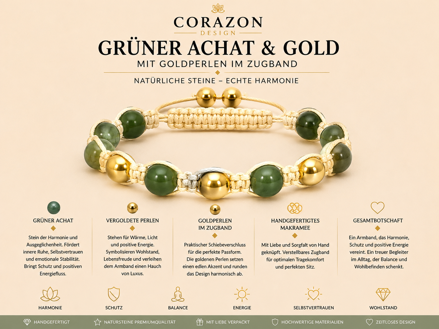 Shamballa Armband Grüner Achat mit Goldperlen | CORAZON Design