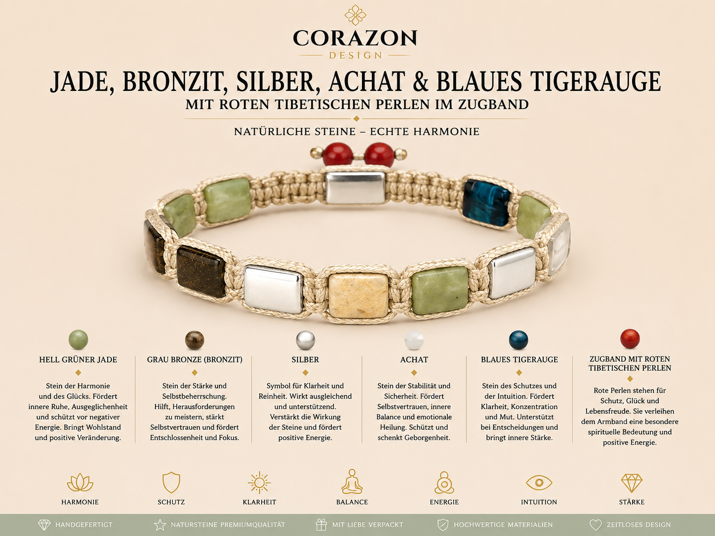 Shamballa Armband mit Jade, Bronzit, Achat & blauem Tigerauge | CORAZON Design