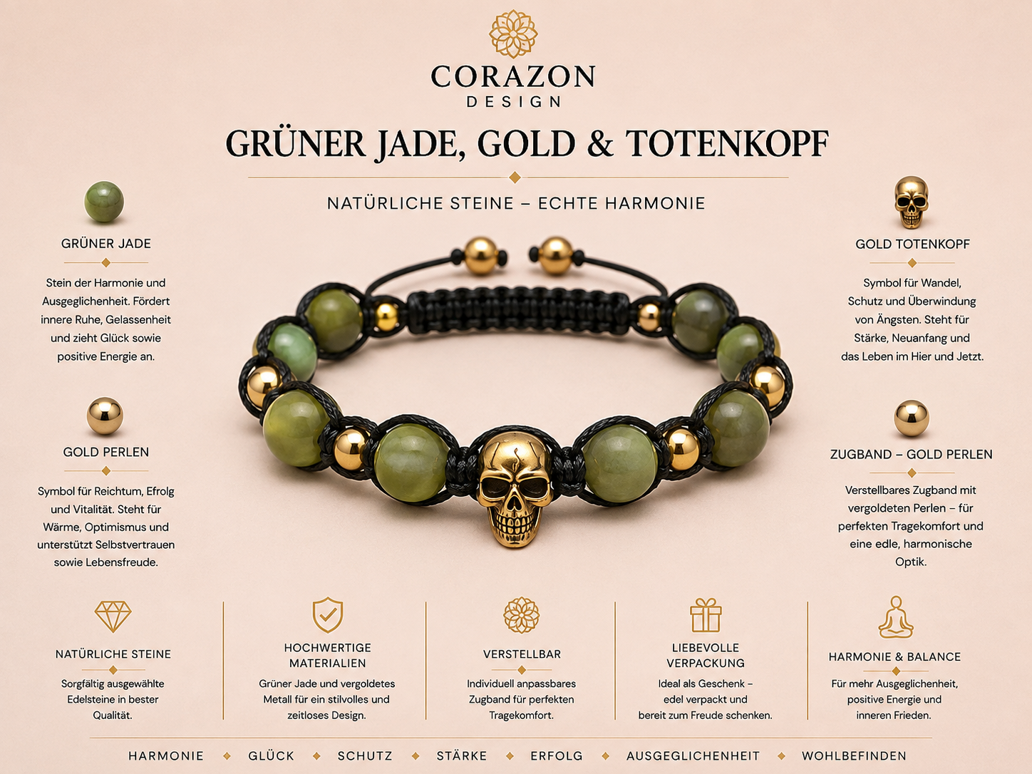 Shamballa Armband – Grüner Jade, Gold & Totenkopf | CORAZON Design