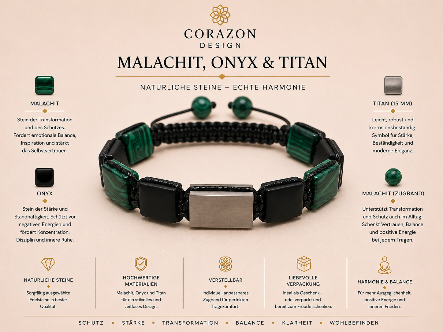 Shamballa Armband – Malachit, Onyx & Titan | CORAZON Design