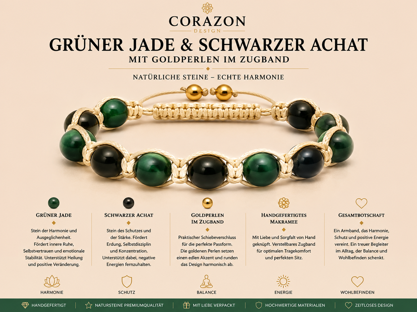 Shamballa Armband Jade & schwarzer Achat | CORAZON Design