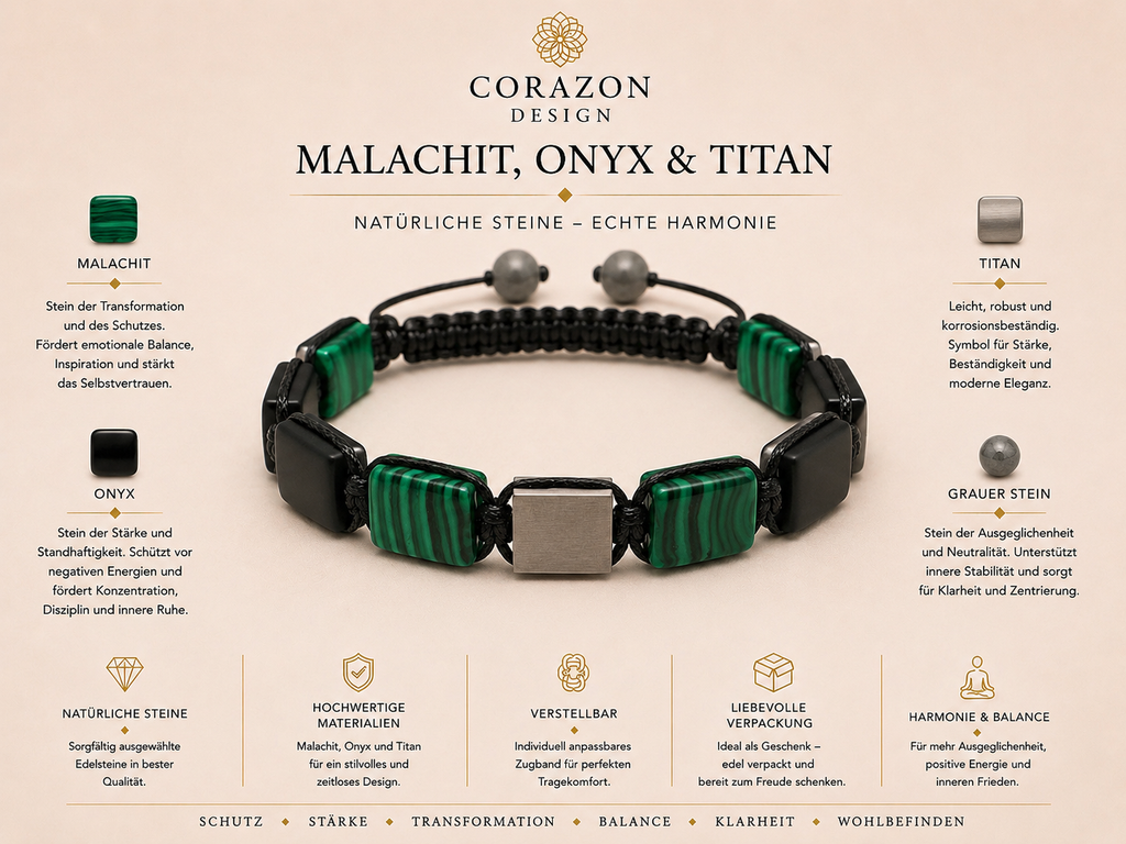 Shamballa-Armband – Malachit, Onyx, Titan & grauer Naturstein |CORAZON DESIGN