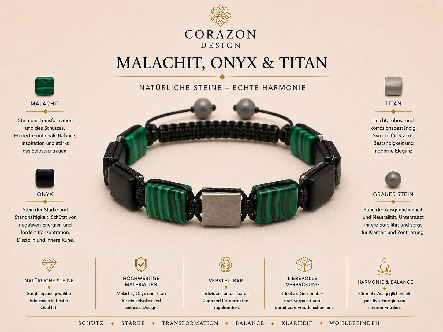 Shamballa Armband – Malachit, Onyx, Titan & grauer Naturstein | CORAZON Design