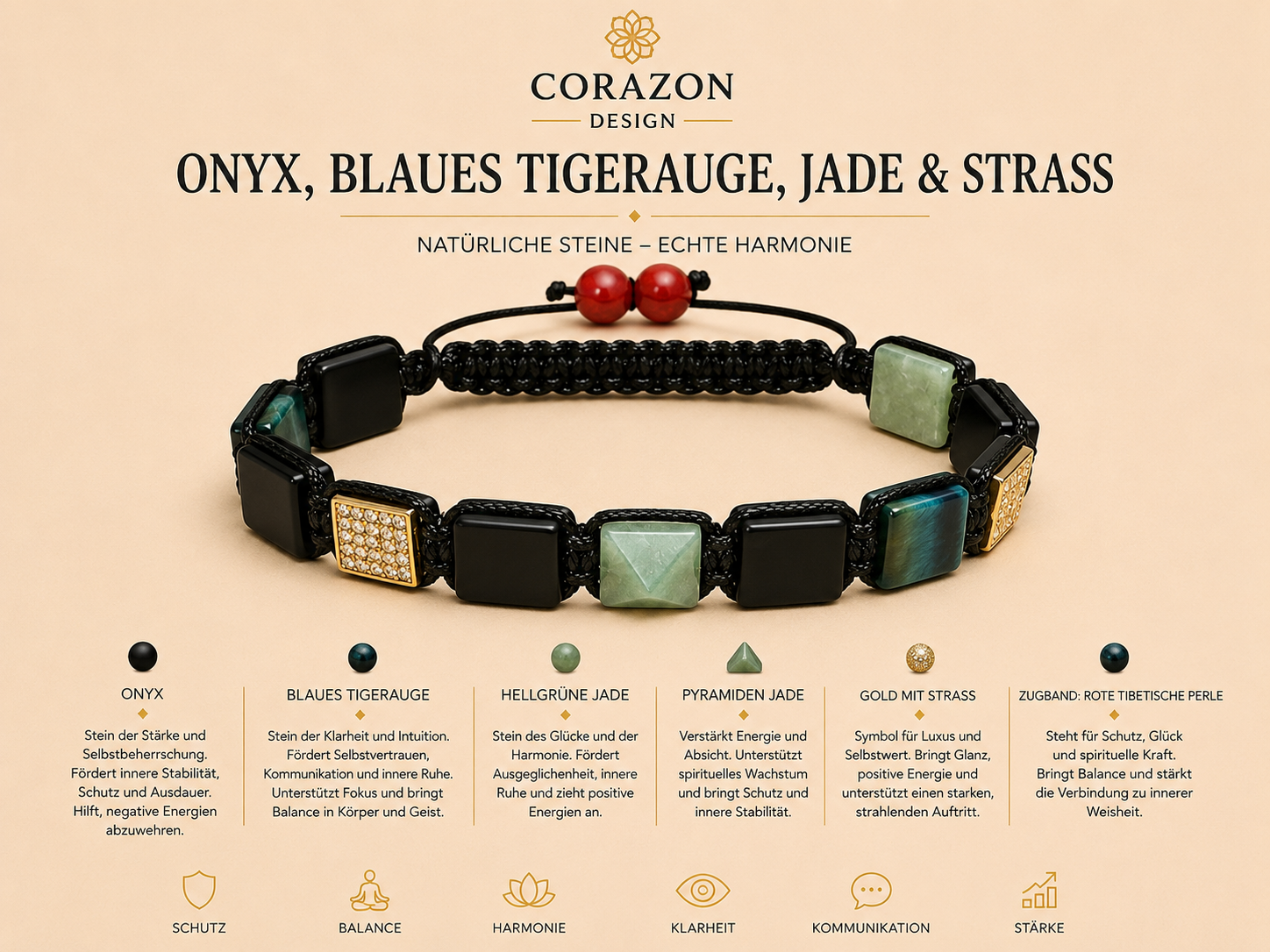 Shamballa Armband Onyx, Tigerauge & Jade | CORAZON Design