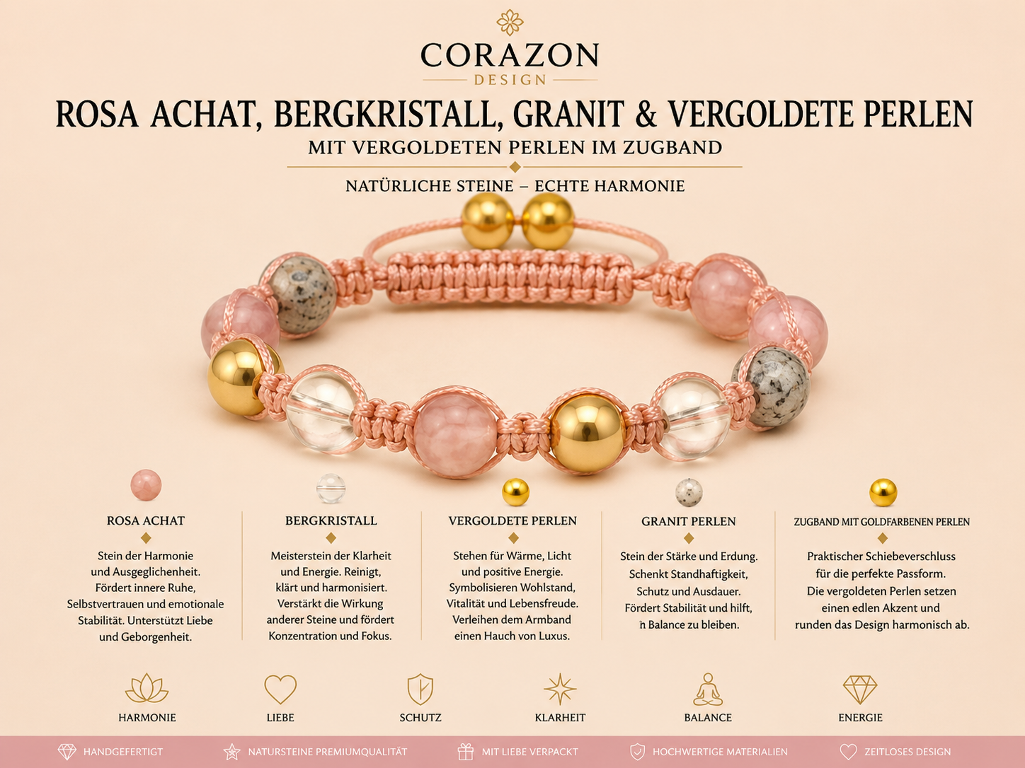 Shamballa Armband Rosa Achat, Bergkristall & Granit| CORAZON Design