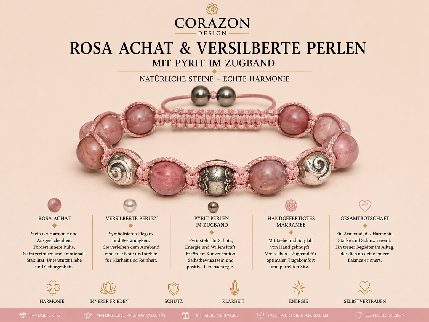 Shamballa Armband Rosa Achat mit Pyrit & Silber | CORAZON Design