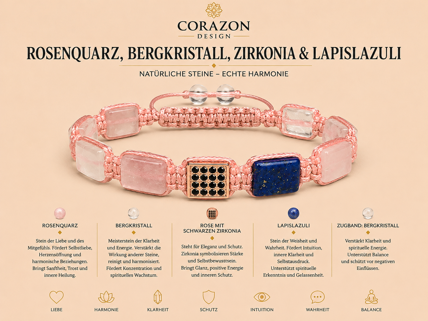 Shamballa Armband – Rosenquarz, Bergkristall, Lapislazuli & schwarze Zirkonia | CORAZON Design