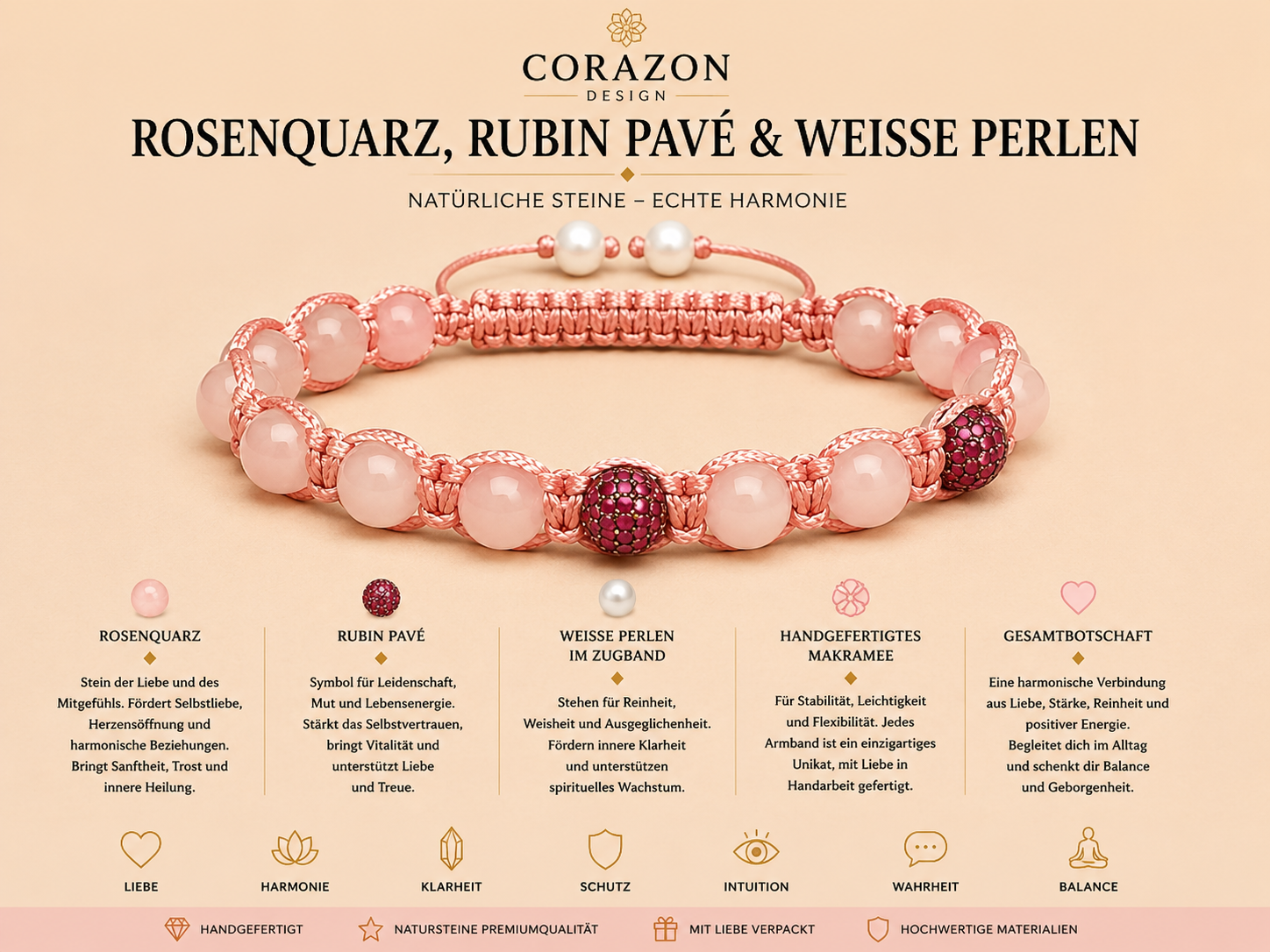 Shamballa Armband Rosenquarz mit Rubin Pavé | CORAZON Design
