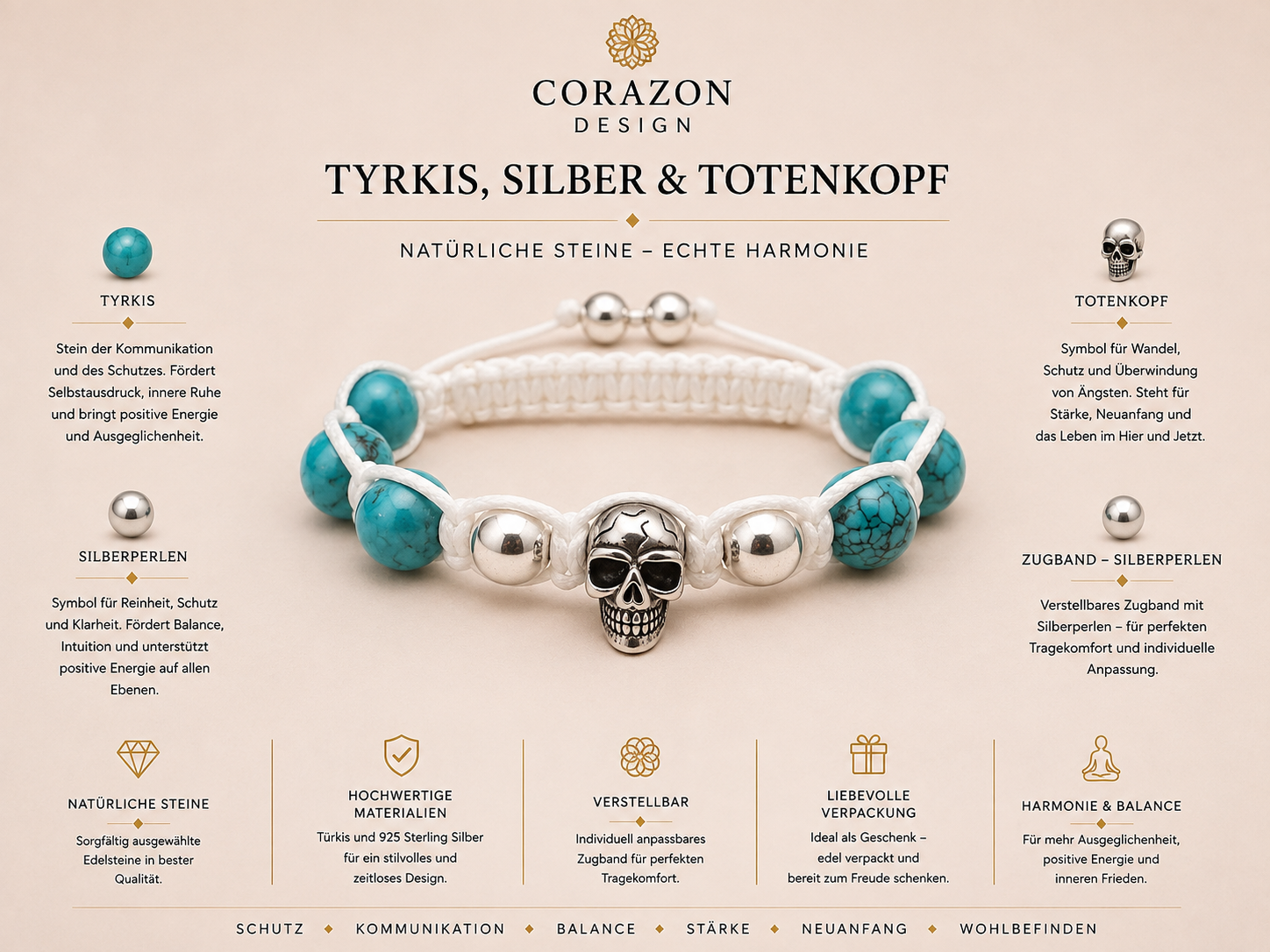 Shamballa Armband – Türkis, 925 Sterling Silber & Totenkopf | CORAZON Design