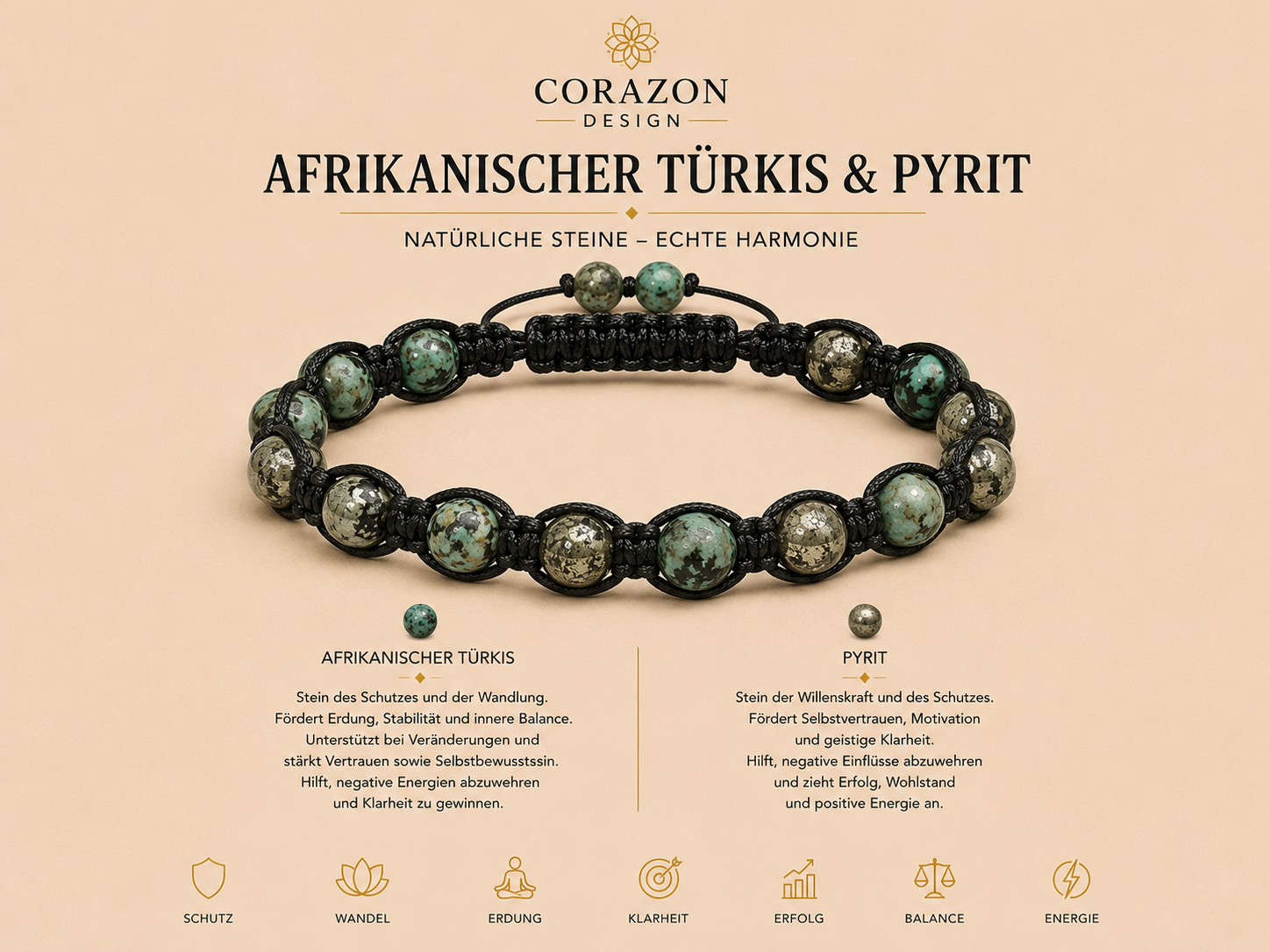 Shamballa Armband – Afrikanischer Türkis & Pyrit | CORAZON Design