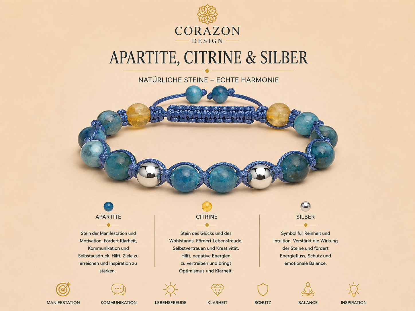 Shamballa Armband Apatit, Citrin & Silber | CORAZON Design