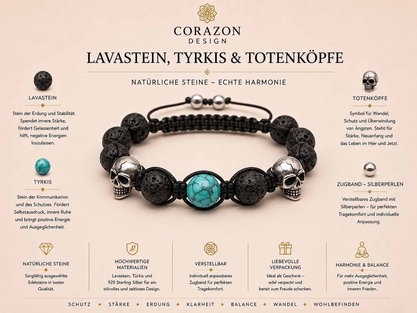 Shamballa Armband Lavastein & Türkis mit Totenkopf | CORAZON Design
