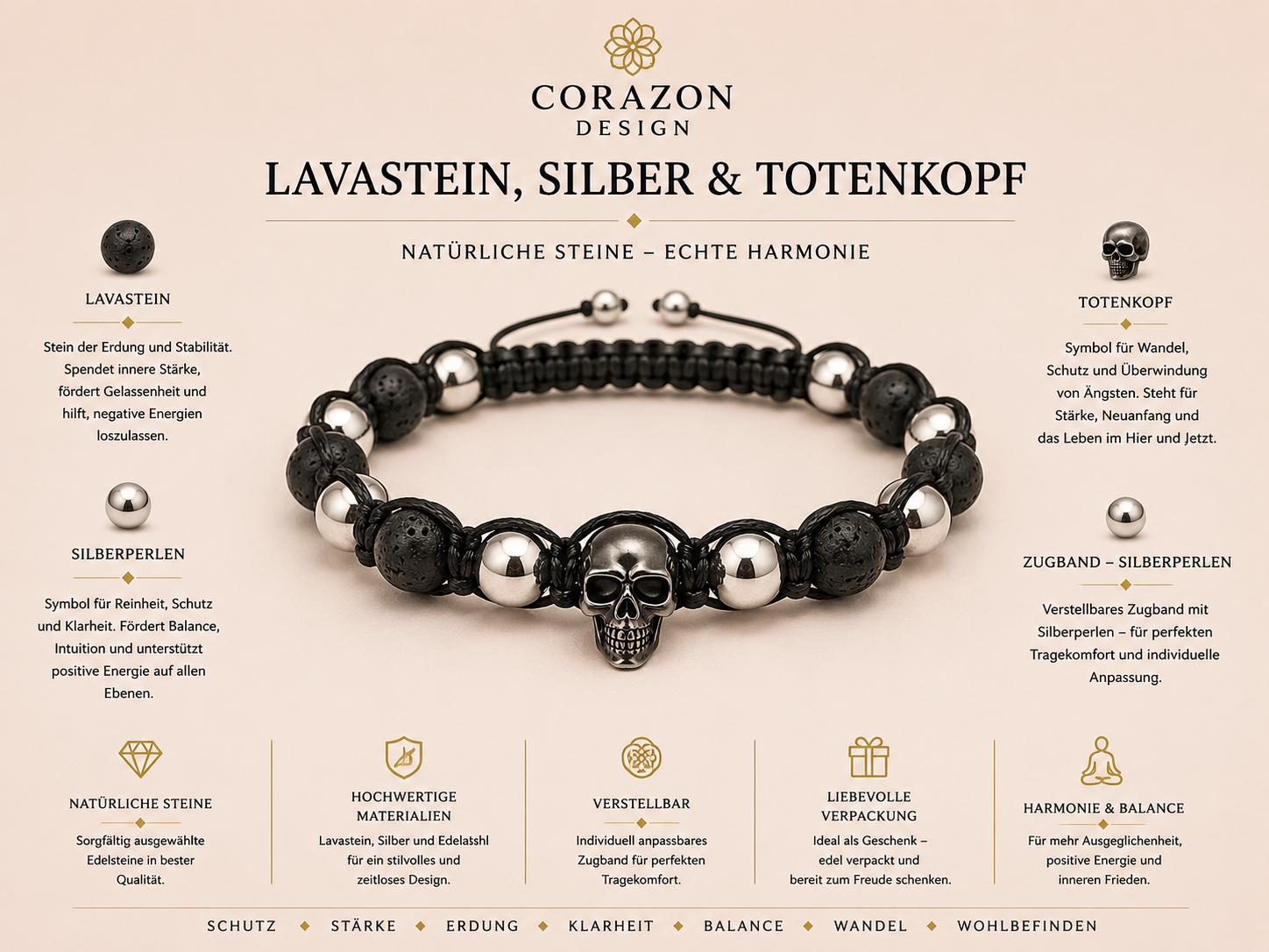 Shamballa Armband Lavastein, Silber & Totenkopf | CORAZON Design