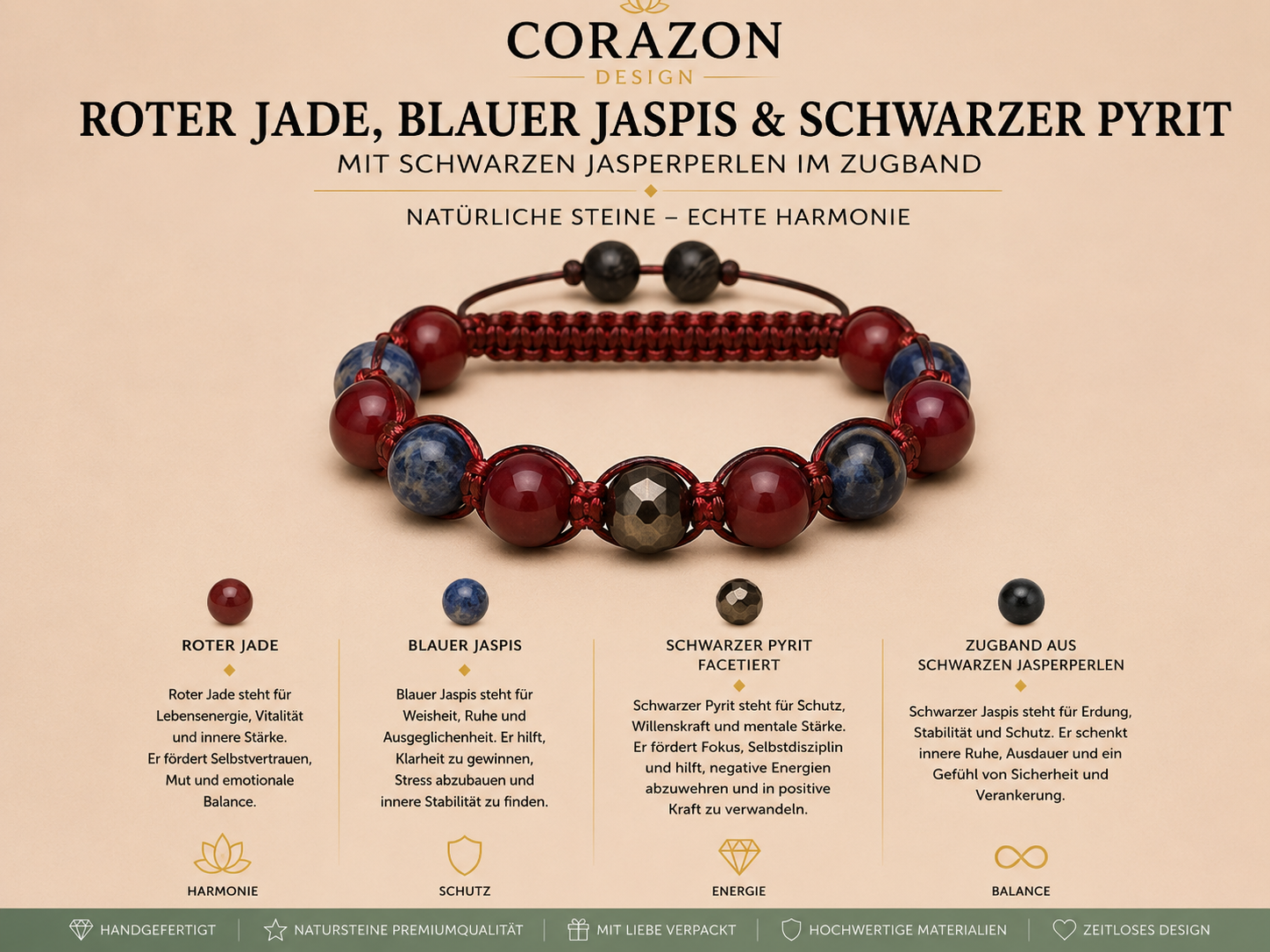 Shamballa Armband – Rote Jade, Blauer Jaspis & Schwarzer Pyrit | CORAZON Design